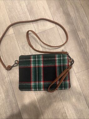 Plaid Crossbody Wristlet Bag - Black & Green with Brown Strap